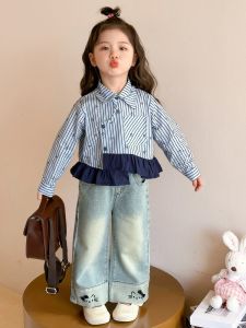 Girls Long Sleeve Turn-down Collar Shirt Baby Cotton Spring Autumn Fashionable Frilled Edge Korean Style Childrens Clothing