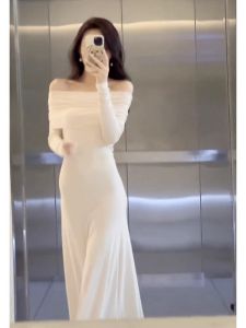 Zhuo Cotton French Style One Shoulder White Dress Slimming Evening Gown Long Skirt Elegant Autumn Collection Womens Dress