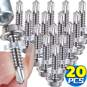 20PCS Self Tapping Screws 410 Stainless Steel Plate Screws with Sealing Ring Socket Wrench Hex Screws Metal Roof Hex Drill Fasteners
