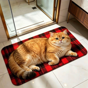 Thảm Cửa Hình Mèo Béo VIKAMA Họa Tiết Kẻ Ô Chất Liệu Polyester Thấm Hút Chống Trơn Trượt Dùng Làm Thảm Chào Mừng Trang Trí Nhà Cửa Phong Cách Hiện Đại.