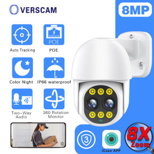 OVERSCAM Dual Lens 4K Rotating Surveillance Camera 8MP 8X Zoom + Two-Way Intercom｜POE Power Supply｜Outdoor Waterproof Shop Factory Security