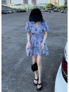 Summer New Fashion Womens V-neck Butterfly Print Short Sleeve Dress A-line Mini Skirt Slimming Waist Design Cotton Material