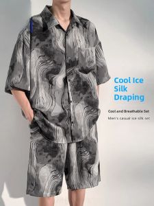 ROMON | Romon Ice Silk Beach Set Mens Summer Thin Casual Print Short Sleeve Shirt Shorts Two Piece Set Lightweight Breathable Polyester