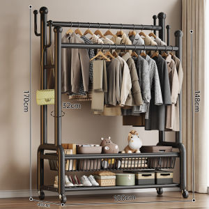 YIXUAN | Portable Bedroom Double Rod Clothes Rack with Basket