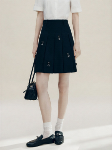 FAMANXUAN | French Style Hand-beaded Black Pleated Elegant High-waisted A-line Summer New Skirt