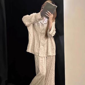 MiiOW | Silk-like Ladies Pajama Set with Leopard Pattern for Spring/Autumn Full-length