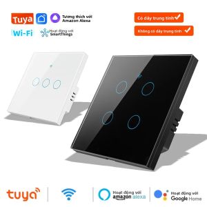Công Tắc Đèn Tường Thông Minh Không Dây Cảm Ứng WiFi RF 433MHz 1 2 3 4 Gang Tương Thích Với Tuya Alexa Google 220V Không Cần Dây Trung Tính Chuẩn EU
