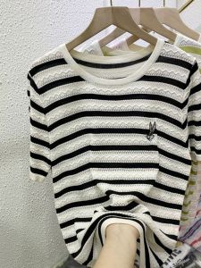 Slim Fit Hollow out Ice Silk T-Shirt Womens Striped Knitwear Summer New Style Thin Short Sleeve round Neck Casual Top