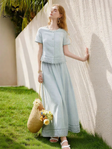 XIANGYING | Embroidery Lace Raffia Set Womens Two Piece Dress Skirt