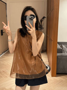 YUFUQING | French Style Coffee Net Sleeveless Round Neck T-Shirt Women Summer New Design Loose Casual Personality Top Comfortable Breathable