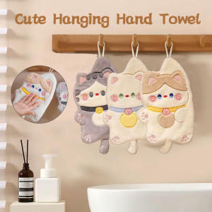 Cute Cat Hanging Hand Towel Thick Absorbent Coral Fleece Kitchen Bathroom Wiper Tuala Tangan