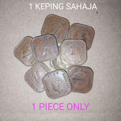 Original 1920 Malaya 1 Cent Bronze Coin King George V Collectible - Square shape 1 Cent denomination 1920 date Straits Settlements inscription bronze material. Displayed on red fabric.