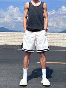 American Basketball Sport Shorts Men Summer Striped Splicing Outdoor Beach Pants High Street Teenage Five-Quarter Pants