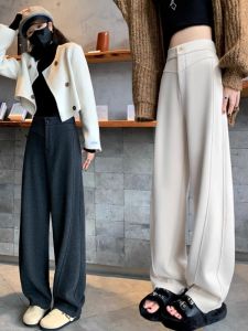 Womens Fleece Lined Wide Leg Pants Spring Autumn Drapey Banana Shape Casual Straight Cut Slimming Loose Fit High Waist