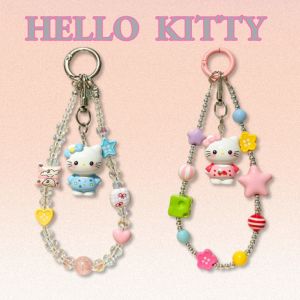Sanrio | Kawaii INS Hello Kitty Colorful Beaded Portable Phone Lanyard Keychain Bag Pendant Decorative Anti-lost Wrist Strap for Z 플립 8