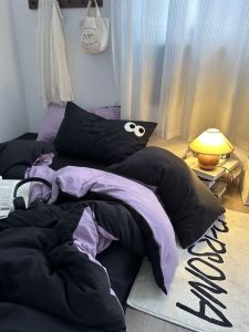 Cool Black Dual Color Washed Cotton Bedding Set Simple Minimalist Style Student Dormitory 1.8 Three Piece Set Quilt Coverlet
