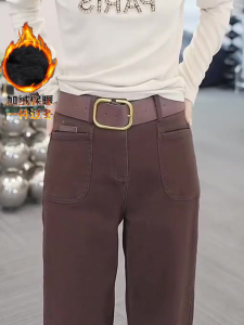 กางเกงยีนส์ทรงตรงเอวสูงหนาสไตล์เกาหลีสำหรับผู้หญิงในฤดูใบไม้ร่วงและฤดูหนาว กางเกงยีนส์ทรงสลิมฟิตสำหรับผู้หญิงไซส์เล็ก