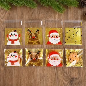 100Pcs Christmas Candy Bags Self-Adhesive Gift Packaging Bags Cookie Snack Baking Bag Navidad Xmas New Year Party Decor Supplies