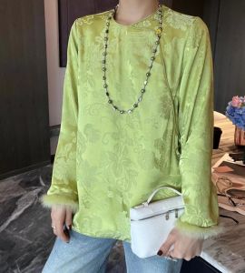 Elegant New Chinese Style High-End Mink Fur Patchwork Embroidery Spring Collection Womens Top round Neck Long Sleeve Straight Cut