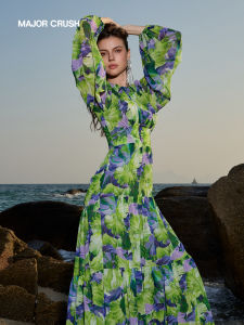 Fresh Resort Print A-line Dress with Waist Cinch