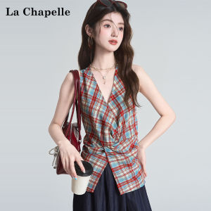 La Chapelle Summer New Red Plaid Neck Hanging Womens Vest Waist Cinching Sleeveless Top Design Sense Knot Slimming Waist