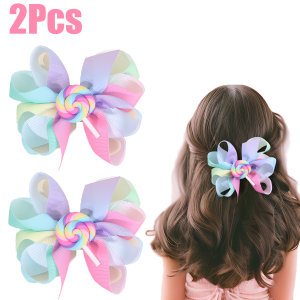 2Pcs Rainbow Candy Bow Hair Clips Sweet Playful Multicolor Ribbon Hairpin For Baby Girl Kids Childrens School Daily Accessories