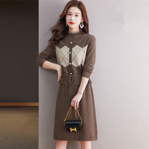 MAIMEI | Womens Wool Knitted Midi Dress Base Layer Autumn Winter Coat Inner Mid-Length Fake Two-Piece Sweater Dress High Waist A-Line