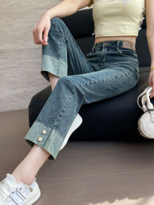 กางเกงยีนส์ทรงตรงเอวสูงสำหรับผู้หญิง กางเกงขายาวทรงเข้ารูปสไตล์เรโทร ทรงสลิมฟิต ทรงขากระบอกเล็ก ทรงขากระบอกเล็ก กางเกงยีนส์ทรงตรง