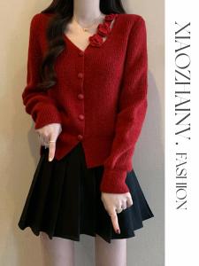 Stylish Large Size Womens Knitted Sweater V-Neck Beautiful 3D Floral Design Red Color for New Year Winter Season