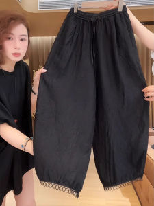 BINKAFENNY | กางเกงขายาวทรงหลวมเอวยางยืดสีดำ กางเกงขายาวทรงหลวมสไตล์ฤดูร้อนสำหรับผู้หญิง กางเกงขายาวทรงหลวมขากว้าง ทรงหลวม กางเกงขายาวทรงหลวม