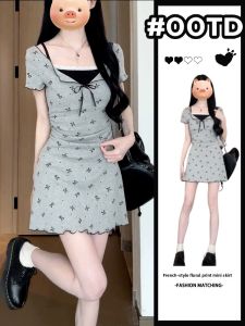ZHENMANZI | French Waist Slimming Grey Flowered Dress Short
