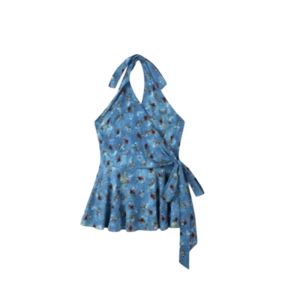 YUEZHONGWEI | Blue V-neck Floral Strap Vest Women Summer Outdoor Beach Vacation Style Waist Cinched Tie Belt Top Sleeveless Comfortable Fit