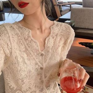 Womens Knitted Shoulder Wrap Hollow out Thin Summer Cardigan V-Neck Long Sleeve Short Length Loose Fit Lace Shirt