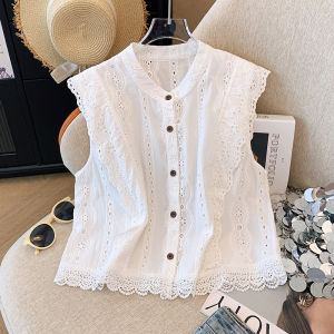 Brand Discount French Style Lace Trim Hollow out Casual Sleeveless Shirt Women Anti Aging Breathable Top Small Flying Sleeve