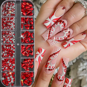 12Grids 3D Red Valentines Day Nail Art Rhinestones Random Shape Glass Diamond Nails Decorations Mixed Gems Manicure Accessories