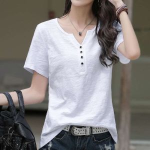 🦋 VEVE V-neck Short Sleeved White Blouse New Style 2024