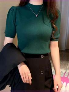 Womens Short Sleeve Knitted Top Half High Collar Slim Fit Base Layer Ear Cover 2024 Summer New Style Korean Version