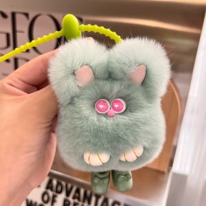Adorable Real Rabbit Fur Keychain Car Decoration Plush Toy Book Bag Hanging Ornament Small Rabbit Shaped Leather Accessories