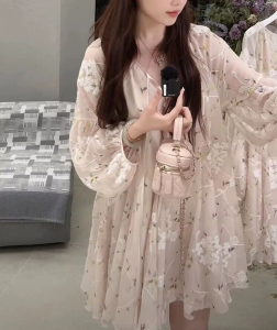 Pure Sweet Girl Holiday Atmosphere Large Swing Loose Slim A-Line Lantern Sleeve Gentle Date Doll Dress Fairy Wind Style Print High Waist Skirt