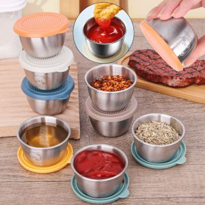 1/6Pcs 304 Stainless Steel Reusable Salad Box For Lunch Box Picnic Travel Salad Condiment Containers With Lids Leak Proof Dipping Sauce Cups