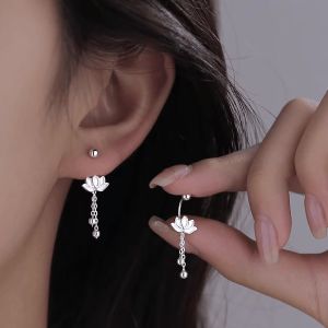 S925 Sterling Silver Lotus Tassel Earrings Womens Sleepwear-friendly Fashionable Luxury Earwire No Need to Remove Studs