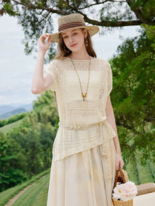 XIANGYING | Off-Shoulder Hollow Knit Sweater Slim Waist Thin Top for Summer to Autumn