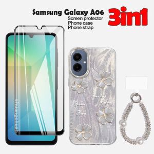 For Samsung Galaxy A06 case Samsung A06 tempered glass A03S A05 A05S A35 S20FE S21FE S24 S24 Ultra Full-screen tempered glass Pearl + rhinestone lanyard Feathered case