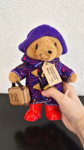 Paddington Bear with rain boots and a bag travelling around the world series - I love Paris