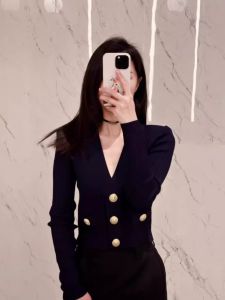Áo Khoác Cardigan Ngắn Màu Xanh Lam Tím Cho Nữ Thời Trang Thu Đông Cổ Chữ V Ba Nút Dài Tay Áo Ngắn Dáng Ôm