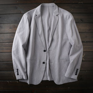 Anti-Wrinkle Light Luxury Spring Summer Mens Bubble Shirt Fabric Sunscreen Suit Jacket Fashion Urban Style Long Sleeve Single Button