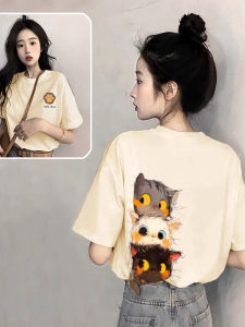 SUSHOUWANGE | Apricot Cat Print Short Sleeve Loose Fit T-Shirt