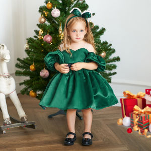 MQATZ Christmas Dress For Girls 1st Toddler Kid Baby Party Princess Gown Formal Clothes Green Santa New Years Costume Christening L2151XZ