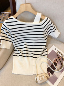 Áo Thun Dệt Kim Tay Ngắn Ôm Vừa Vặn Kiểu Pháp Mùa Hè Cho Nữ Áo Thun Tay Ngắn Kẻ Sọc Không Đều Áo Khoác Hở Vai Áo Thun Tay Ngắn