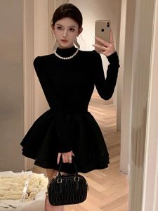Black Puffy Short Skirt Womens Autumn Fashion Korean Style High Waist Polyester Fiber Long Sleeve High Heeled City Commute Dress